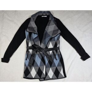 Cleo Open Lapel Faux Leather Trim Belted Cardigan Sweater